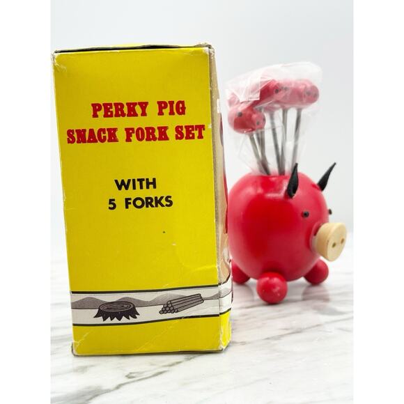 Vtg Perky Pig Snack Fork Set Red Hors D'oeuvre Appetizer 6 Forks Wood Japan New - Picture 3 of 10